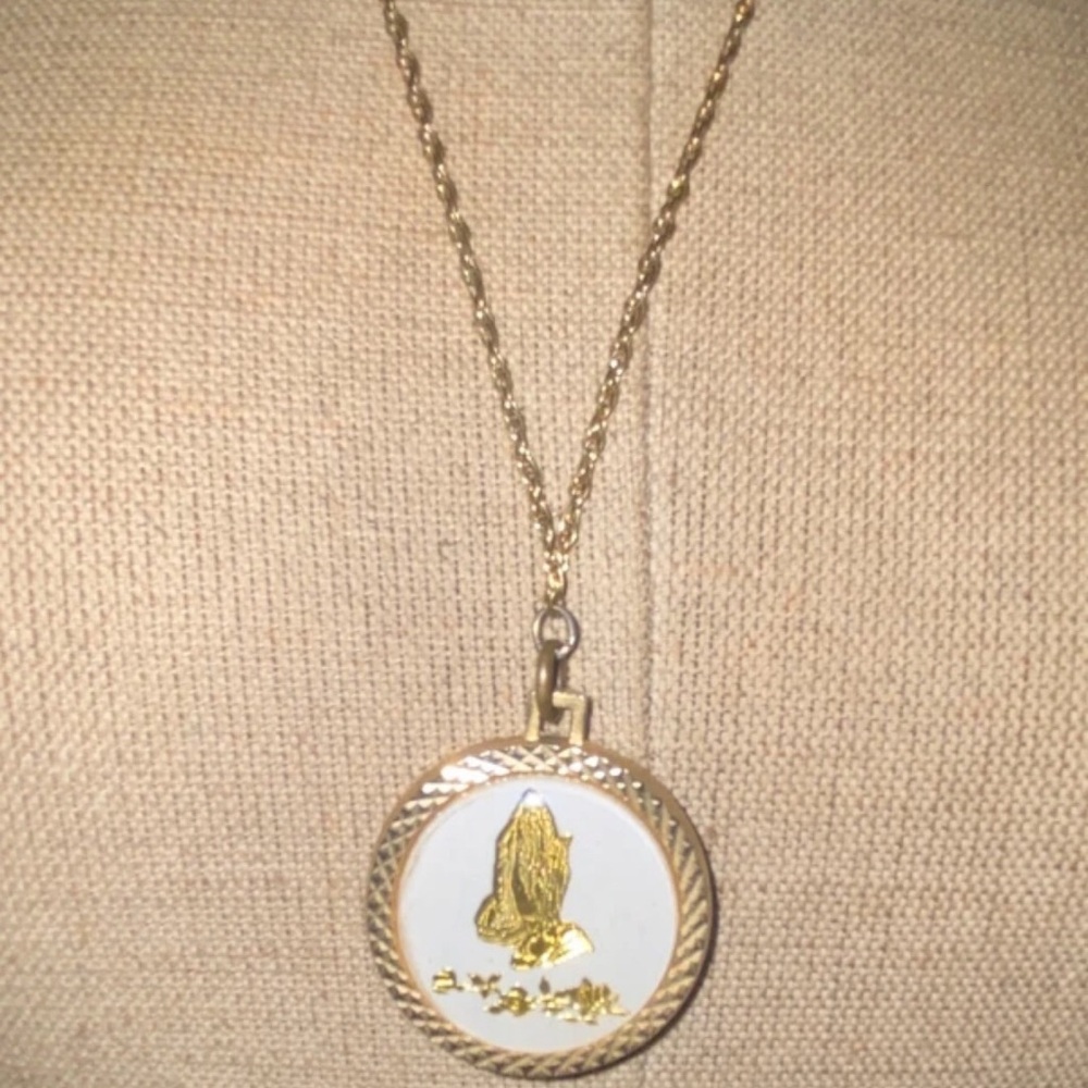 Gold and White Praying Hands Necklace